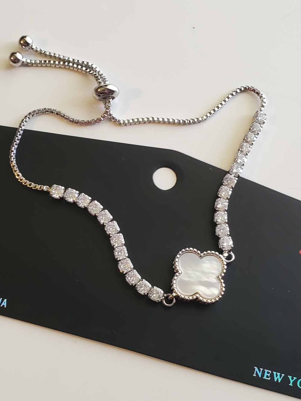 Cubic Zirconia Mother-of-Pearl Clover Motif Tennis Bracelet with Bolo Clasp